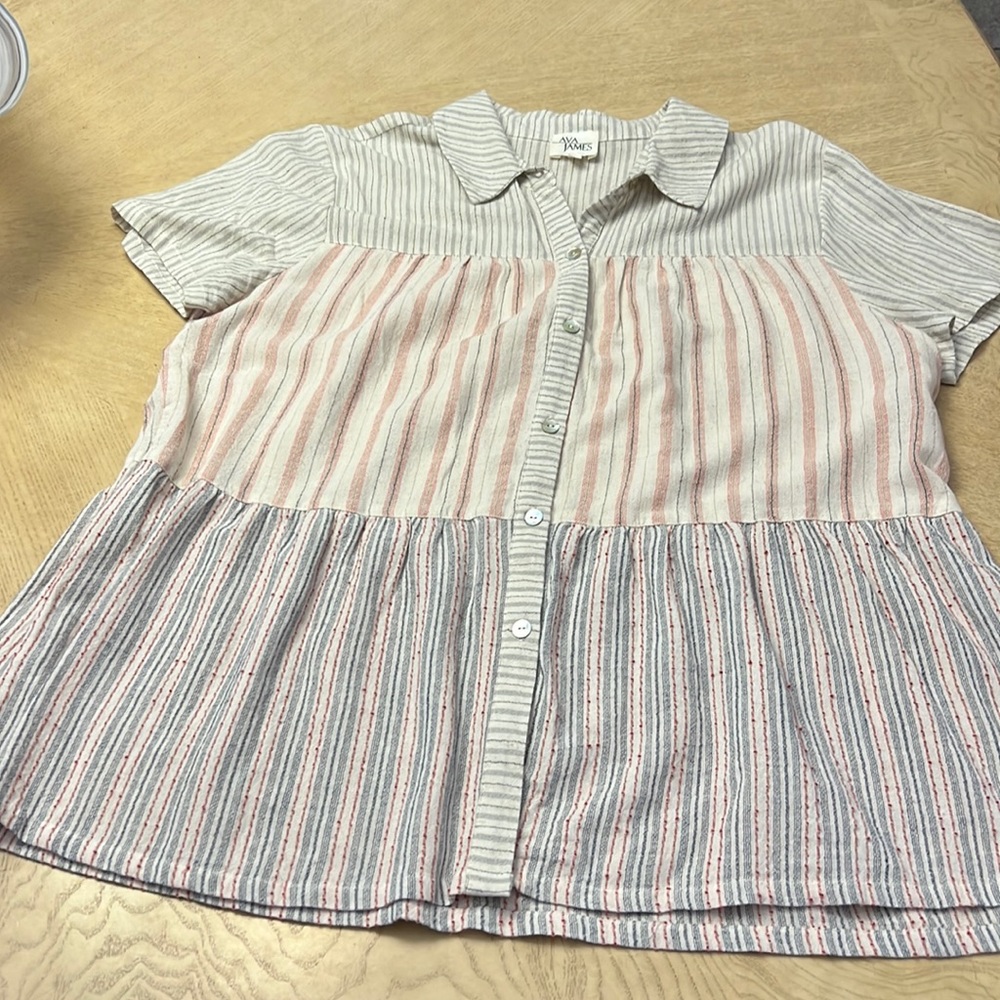 Creamy soft women’s blouse. Size XL. 3 tiers of beige with red and blue stripes.